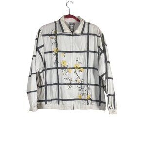 Koret Francisca Floral Jacket L White Full Zip Embroidery Checks Retro Classic
